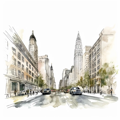 Fifth avenue in New York in the style of delicate minimalistic illustration, sparse and simple bright watercolor, mostly blank, dotted, plenty of white space, low view, 8k, high resolution, hyper quality, separate element, clipart, white background