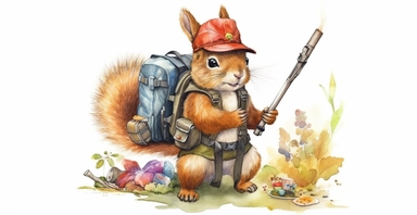 Adorable squirrel on adventure, camping gear, forest, clipart, vivid colours, ornamental watercolor, white background, I can’t believe how beautiful this is