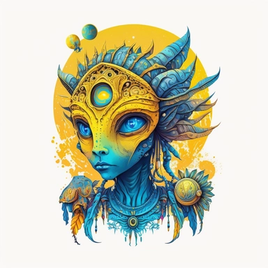Illustration in boho style, clipart, sublimation picture Alien in yellow-blue color. Bright colorful colors. White empty background, high quality 8k, quality detail