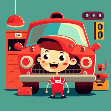 a funny red car for kids smiling in a car garage full of mechanic, flat clipart style