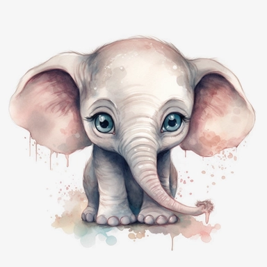 the cutest baby elephant with big round eyes and a friendly trunk clipart, exploring, full Illustration, 4k, sharp focus, watercolor, smooth soft skin, symmetrical, soft lighting, detailed face, concept art, muted colors, watercolor style, children's style fairy tales, chibi kawaii, Perfect face, detailed face, delicate face, perfect sharp lips, detailed eyes. Craig Davison, Aubrey Beardsley, Conrad Roset, Aikut Aidogdu, Agnes Cecil, watercolor style clipart