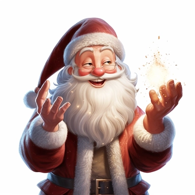 a cute whimsical Pixar Disney style classic Santa Claus he is looking amazed at the sparkling light in hands sparkling clipart in one hand, digital illustration, detailed, realistic, detailed Pixar Disney style, on white background