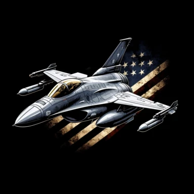 f16 fighter jet and flag, in the style of dramatic shading, sleek metallic finish, black background, american realism, ultra hd, powerful portraits, emphasis on character design, clear outer edges of design ,grafitistyle, clipart