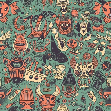 Comical Occult Creatures: Design a pattern that showcases the lighter side of satanic creatures and symbols using a humorous clipart style. Focus on capturing the amusing characteristics of characters like Baphomet wearing a party hat, a skateboarding demon, or a vampire sipping a cocktail. Employ a diverse range of colors, from dark, moody shades to vibrant, eye-catching hues, to create a visually captivating and entertaining composition.