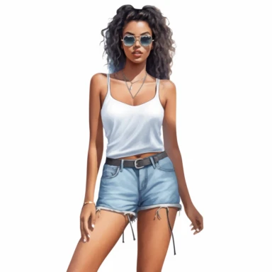 Solid white background, Detailed watercolor black woman wearing a jeans hot pants and a tank top clipart