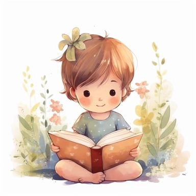 cute little boy reading a book, folk art, watercolor, clipart elements, kawaii, white background