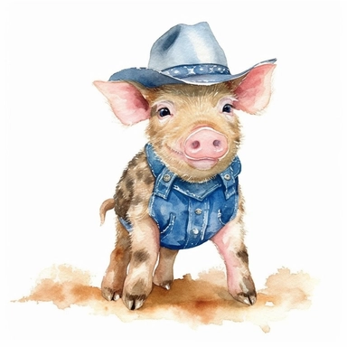 Baby pig in a cowboy hat, full body, clip art, watercolor, clean, neat.