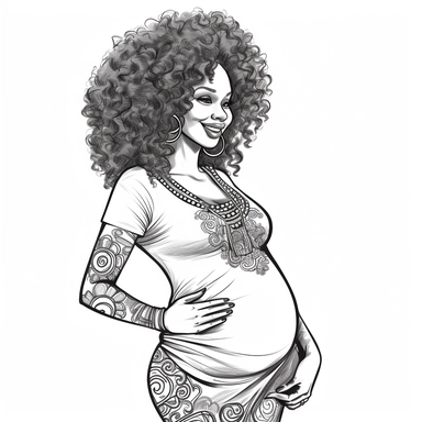 coloring page . Beautiful black woman .pregnant baby bump showing , beautiful, clipart, school background, detailed, happy, glamorous