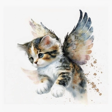 calico kitten with angel wings flying, cute, watercolor, white background, clipart