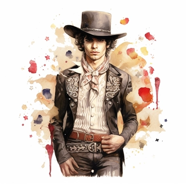 beautiful stunning handsome vintage cowboy young man, tarot style, paint art style, clipart, white background, superrealistic, one of a kind