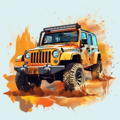 Jeep Wrangler offroad sun on back creative art, shiny, rich color, super resolution, Graffiti, Clipart, watercolor, realistic, 8k
