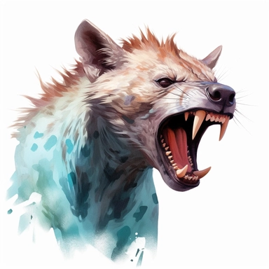 Snarling Hyena Watercolor Clipart: This piece captures a hyena mid-snarl, its fur a mix of Steel Teal and Alabaster, with its mouth in a vivid Cinnabar to showcase its raw aggression.