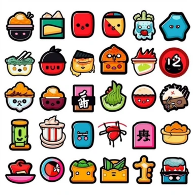 a set of black line clipart inspired by ramen and stickers and Lego and Funko Pop toys