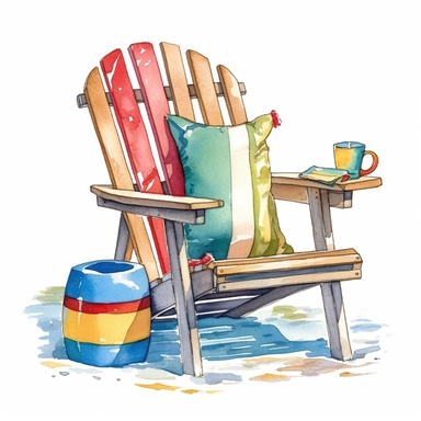 colorful watercolor pool chair clipart, in the style of whimsical cartoon-style, various goods, fun, summer equipments, jcore, playful, youthful images, iso 200, manapunk, primary colors, white background
