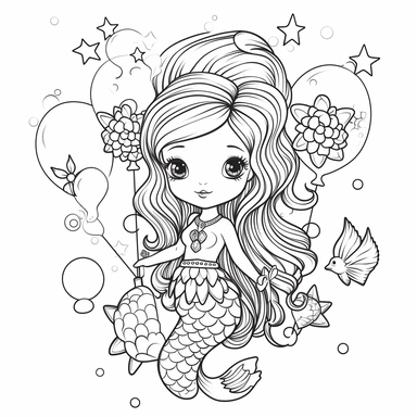cute birthday mermaid full body , cake ,balloon, star fish,flower,seaweed,CLIPART, WHITE BSCKGROUND*,b&w lineart , white background, full body, kawaii cartoon ,white background, coloring pages, no colored , No fill, No solids,* - <@531019738017693706> (78%) (relaxed)