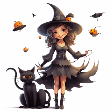 a beautiful smiling girl dressed as a wicked witch, halloween, witches hat, cats, bats and spiders, full body image, clipart, pixar style, white background