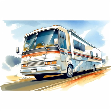 illustration large modern class a rv driving highway clipart white background and white border