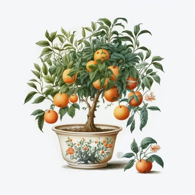 watercolour mini fruiting orange tree with leaves and flowers in a vintage pot clipart with white background