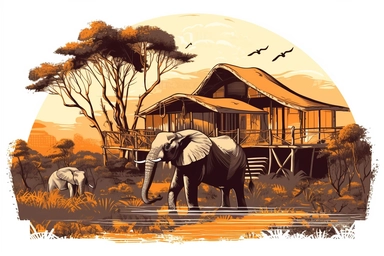 safari lodge in Kenya with an Elephants vector clipart | safari lodge in Kenya with an Black Rhino vector on white background, in the style of high quality photo, CHARCOAL VERMILION and CLAY color
