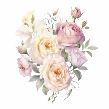 Design a dreamy watercolor clipart of a Bouquet of roses, peonies, and lisianthus in pastel shades arranged in a delicate and feminine design composition, hand-painted with soft and graceful brushstrokes. Draw inspiration from the artistic finesse of Ethereal Petals Watercolors for a refined and ethereal depiction. isolated on a white background, hand-drawn illustration, hand-painted watercolor texture, 16k UHD resolution, intricately detailed, sharp focal points, designed by Ana Victoria Calder
