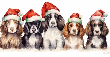 Cute springer spaniel puppies in a line, dressed in cute christmas outfits, playful, vivid colors, white background, ornamental watercolor clipart, I can't believe how beautiful this is