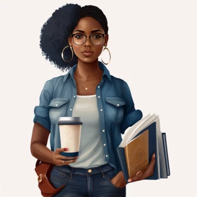 A black woman holding a coffee tumbler and two books from the front Cozy blush, navy blue, and white, causal shirt and jeans clipart png 4k, 8k