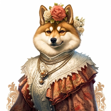 Stunning Akita Inu in a captivating Victorian attire, radiating strength and beauty against the clean white backdrop. The combination of its regal presence and Victorian-inspired accessories create a visually captivating illustration. Clipart, watercolor, white background, intricate detail, unreal engine cinematic smooth. Realistic rendering