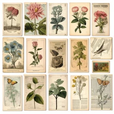Craft vintage-inspired printable ephemera for junk journals featuring botanical illustrations, vintage advertisements, and newspaper clippings. Clipart isolated on solid white