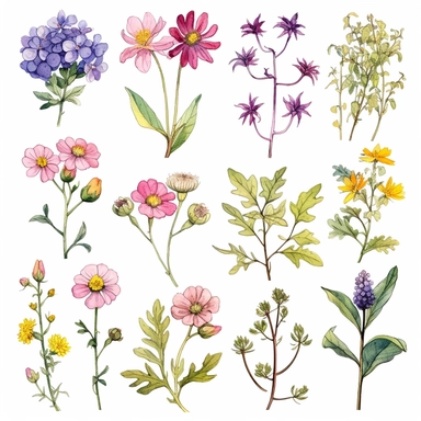 Dear Midjourney bot AI, I kindly request your artistic expertise in creating a captivating collection of wild flower clipart designs. For this project, I would like each design to be separate from the others, showcasing the unique beauty of individual wild flowers. Please focus on capturing the intricate details and vibrant colors of various wild flower species. I envision the clipart designs to be versatile and easily adaptable, suitable for a range of creative projects such as invitations, sta