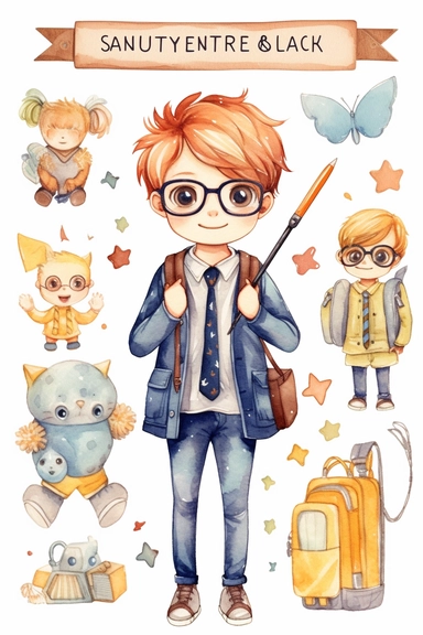 clipart set Cute illustration boy back to school watercolor clipart, full body, Cute kawaii sticker