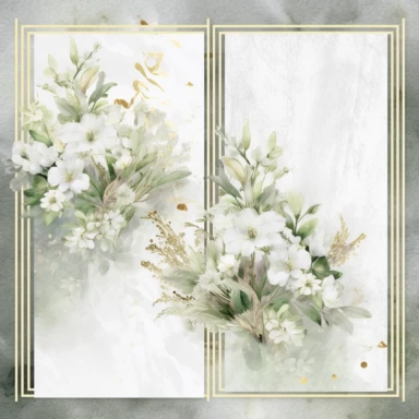 scrapbook paper template, intricate three small bouquets of white floral watercolor clipart on the borders on paper, luxurious textures, nature-inspired pieces, very high resolution