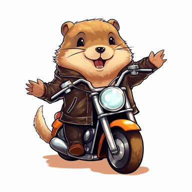Create a clipart of a cute groundhog wearing a leather jacket and riding a motorcycle. Kawaii. White Background, soft lighting.
