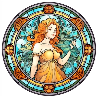 Vintage Cute Beautiful Round Stained Glass Girl Sublimation Clipart, Cartoon, hyper realistic, intricate detail, illustration style, high solution, on the white background