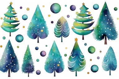 christmas tree and ornaments clipart graphics, in the style of whimsical watercolor, ornamental