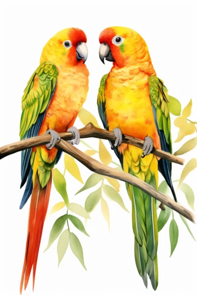 Sun conures, detailed watercolor illustration, clipart, plain isolated white background, 8k ultra detail high sharpness