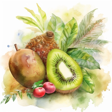 Illustrate a watercolor clipart image of a single kiwi fruit, set against a background of lush green foliage and other tropical fruits, such as pineapples and mangoes. T ,watercolor, vector, contour, white background.
