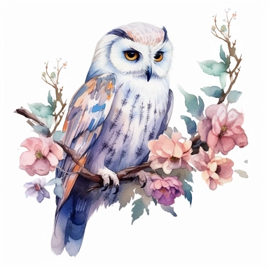 floral white owl sitting on a branch clipart, watercolor technique, 8k detailed digital art, bright, colorful, soft lightning, sharp clear focus, detailed, sharp, on a white background