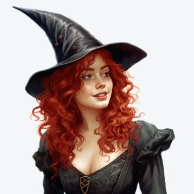 beautiful victorian witch with curly red hair and freckles wearing a pointed witch hat, looking left, victorian hairstyle, victorian witch hat, Victorian era clothing, beatiful smile, realistic inverted portrait white background, high quality, hyper-realistic, witch Clipart,red dress