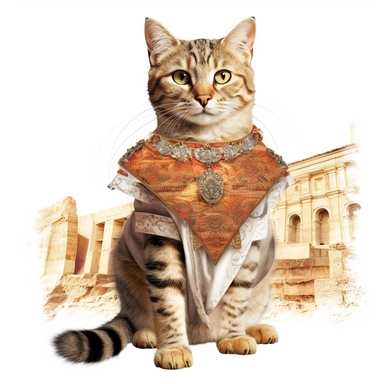 collage quirky cool collage Ancient Roman cat Felis catus clipart, Wearing a formal dress, detailed, clean line, hd, on white background, spaced out
