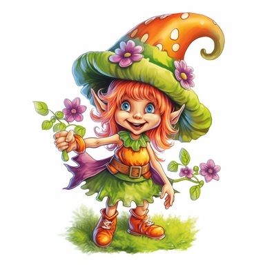 A delightful, hand-drawn clipart image of a friendly female gnome with no beard, dressed in a charming, brightly colored dress, sporting a tall, green pointy hat, and standing with a welcoming smile, mushrooms and flowers, presented on a transparent backg