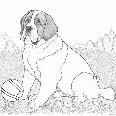 Coloring page, Saint Bernard , Playing with football, Black and white, clipart
