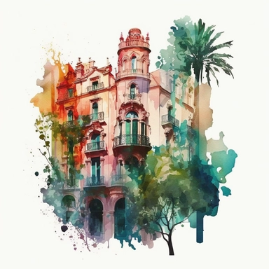 CLIPART WATERCOLOR ON AQUARELLE SPLASH, BARCELONA CASA MILLA ARCHITECTURE COLORFUL