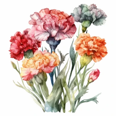 Illustrate a watercolor clipart composition of a carnation garden, capturing the vibrancy and charm of these flowers in the Michelangelo-inspired Watercolor Haven style on a white background. The harmonious composition, rich colors, and chiaroscuro techniques make these carnations a beautiful choice for various designs.
