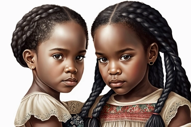 Two beautiful child black girls, African American on a white background showing their braided long Hair fashion, slightly smiling, clipart painting style