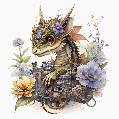 portrait of a watercolor baby dragon with big eyes, surrounded by flowers, mechanical items and cogs, steampunk style, highly detailed, clipart, white background, Chinese watercolor painting, in the style of akihiko yoshida