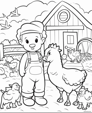 Create a coloring page showcasing various farm animals interacting in a farmyard. Include cows, chickens, pigs, horses, and ducks, along with a farmer or a farmer's child feeding them coloring page with Farming background design as an outline art drawing with thick bold clear lines that are neatly joined up together, outline, clipart, no colors, no shadows, no details, HD