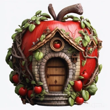 the most beautiful fairy house carved in a red tasty apple, clipart, white background, sharp image, ultradetail