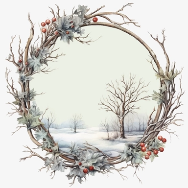 stunning christmas frame made of snowy branches , beautiful Christmas clipart, soft faded colors, beautiful watercolor art by Marjolein Bastin, Thomas Kinkade, Carl Larsson, Norman Rockwell, Susan Wheeler