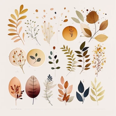 Design a collection of minimalistic clipart, watercolor, separate hand-drawn line art illustrations, each representing a distinct botanical flower or leaf. Inspired by the elegance of logo design, focus on capturing the essence of each plant element through simple, yet memorable shapes and lines. Create visually striking images that stand out on their own, while still maintaining a cohesive theme, showcasing the delicate beauty of nature's hidden gems in a contemporary and stylish way. These des