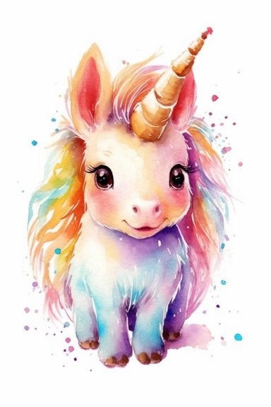 Create a watercolor clipart picture of a happy unicorn hamster with a unicorn horn, white background. The hamster should have a cute and happy expression, with its fur depicted in soft watercolor textures.